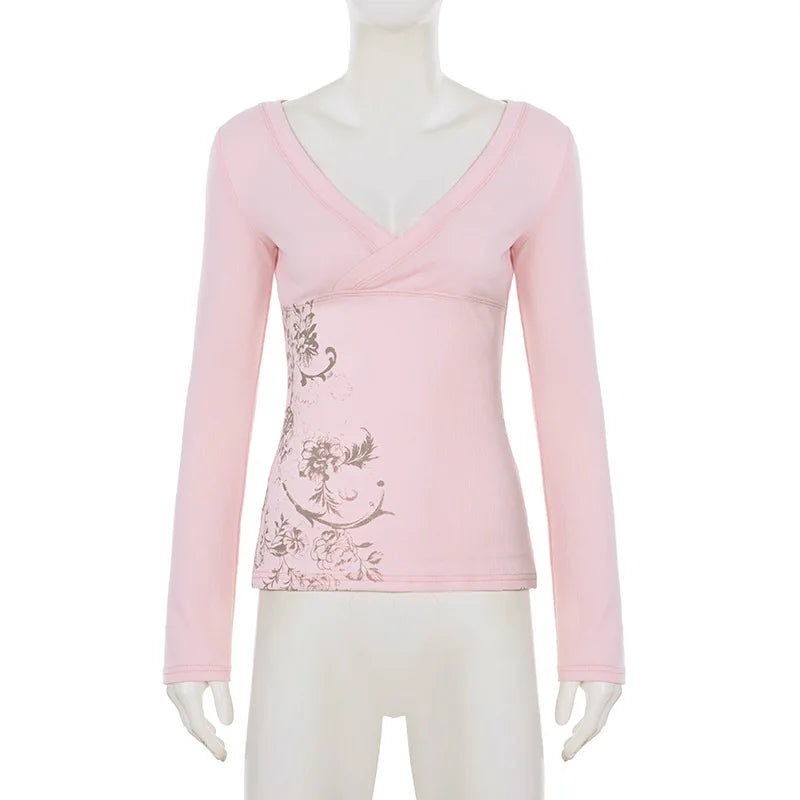 Pink Floral Print Women Fairy Y2K T-shirt Coquette V Neck Long Sleeve Tees Autumn Spring Casual Pullovers Tops Vintage Clothes