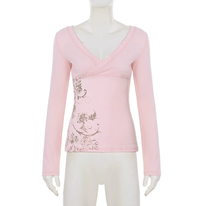 Pink Floral Print Women Fairy Y2K T-shirt Coquette V Neck Long Sleeve Tees Autumn Spring Casual Pullovers Tops Vintage Clothes