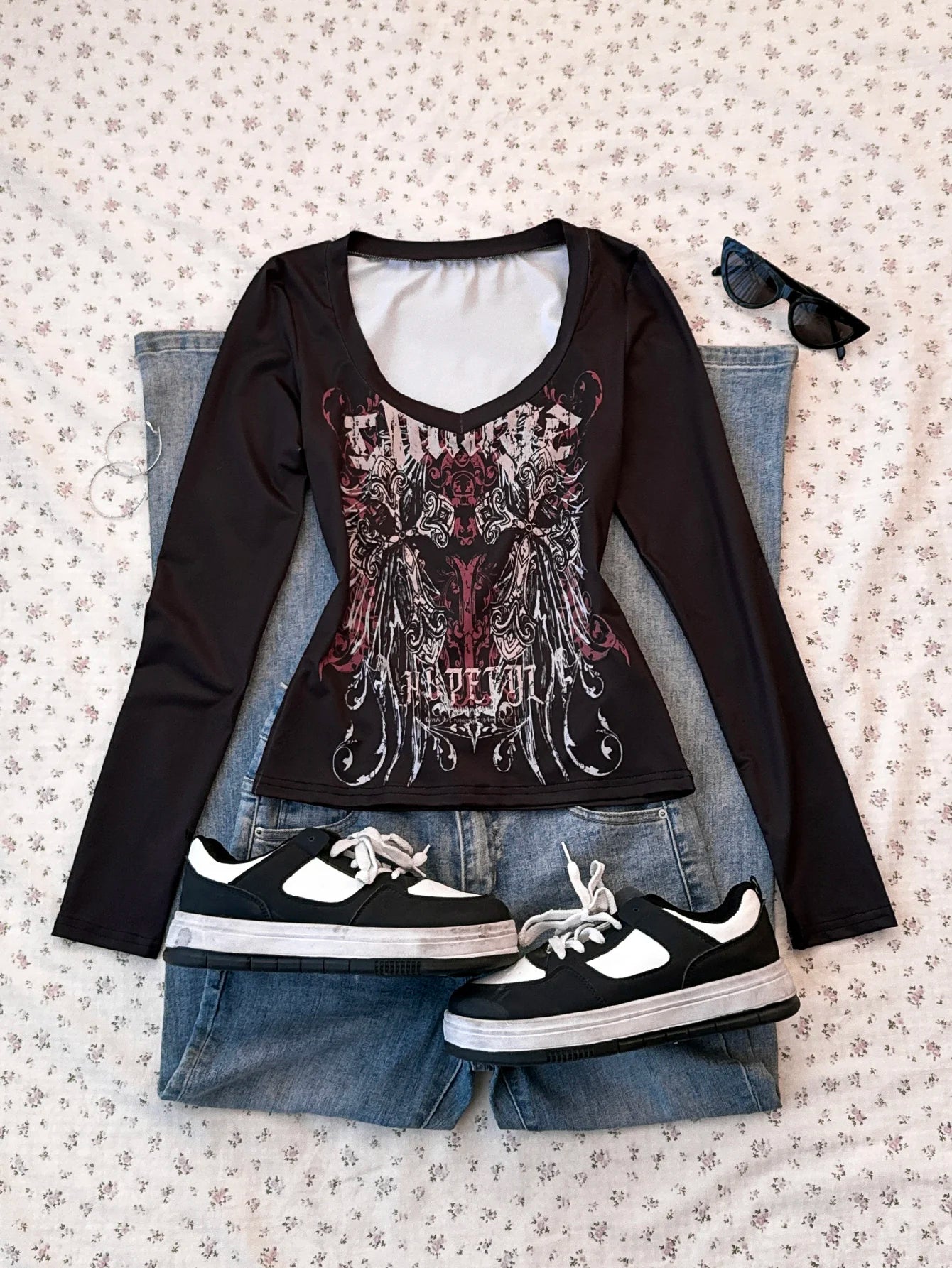 Ladies' Spring/Summer Retro Style Music Road Printed Long Sleeve T-shirt