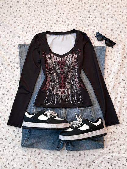 Ladies' Spring/Summer Retro Style Music Road Printed Long Sleeve T-shirt