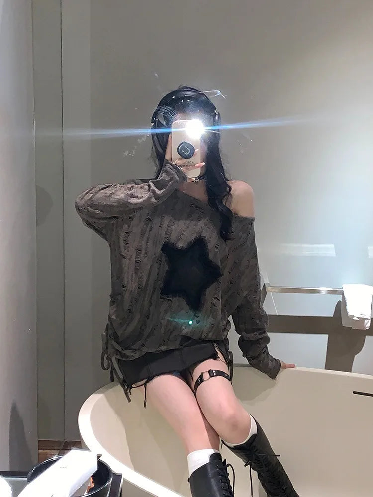 Hole Star Loose Y2K T Shirt Women O Neck Drawstring Long Sleeve Tees Fashion Streetwear Kpop Pullover Tops Female T-shirts