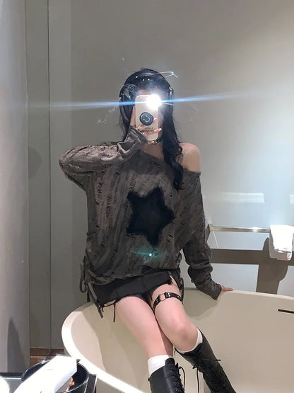 Hole Star Loose Y2K T Shirt Women O Neck Drawstring Long Sleeve Tees Fashion Streetwear Kpop Pullover Tops Female T-shirts