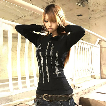 Karrcat Grunge Aesthetics Tattoo Print Knitted Tops Trashy Y2k Long Sleeve Knit T-shirt Vintage Gothic Button Top American Retro