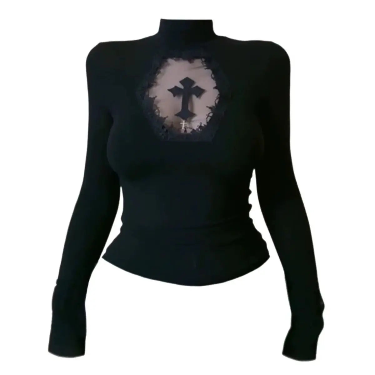 Turtleneck Top Y2k Clothes Black Gothic Cross Hollow out Slimming Bottoming shirt for Women Long Sleeve Sexy T-shirt Girls Tops