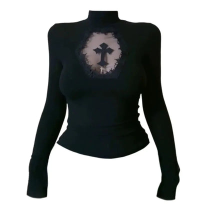 Turtleneck Top Y2k Clothes Black Gothic Cross Hollow out Slimming Bottoming shirt for Women Long Sleeve Sexy T-shirt Girls Tops
