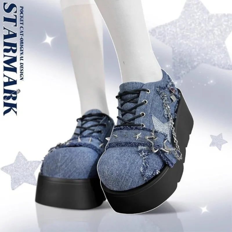 2024 New Y2K Star Print Chunky Platform Ankle Boots Women Metal Chain Blue Denim Boots Woman Cute Thick Bottom Jk Lolita Shoes