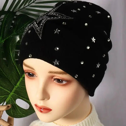 Autumn Winter Knitted Hat And Gloves with Embellished Rhinestones Acrylic Material Warm Fashionable Two-piece Ensemble