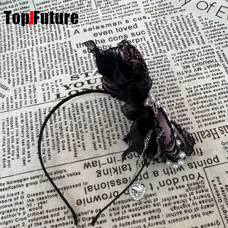 heavy industry Gothic Lolita cosplay  black pink Lolita lovely Japanese girl Harajuku subculture bow lace love pearl headband
