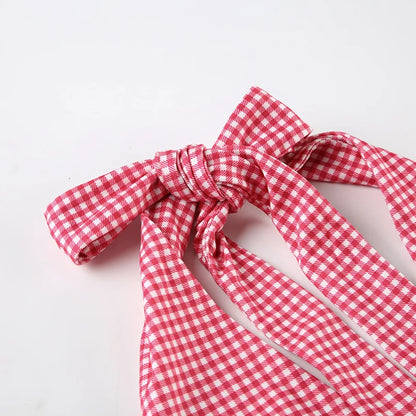 SUCHCUTE Fashion Beach Plaid/Heart Printed Halter Neck Tank Tops Women Sweet Sleeveless V-Neck Vest Y2k Slim Crop Tops Coquette