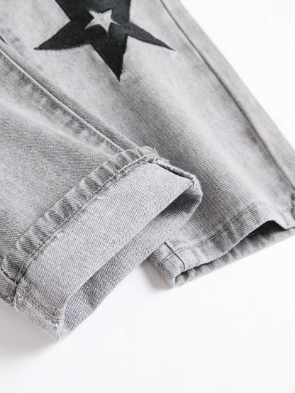 Y2K Men's Jeans - Fashionable Gray Mid-Rise Straight-Leg, Ripped Embroidered Vintage Washed Street Denim