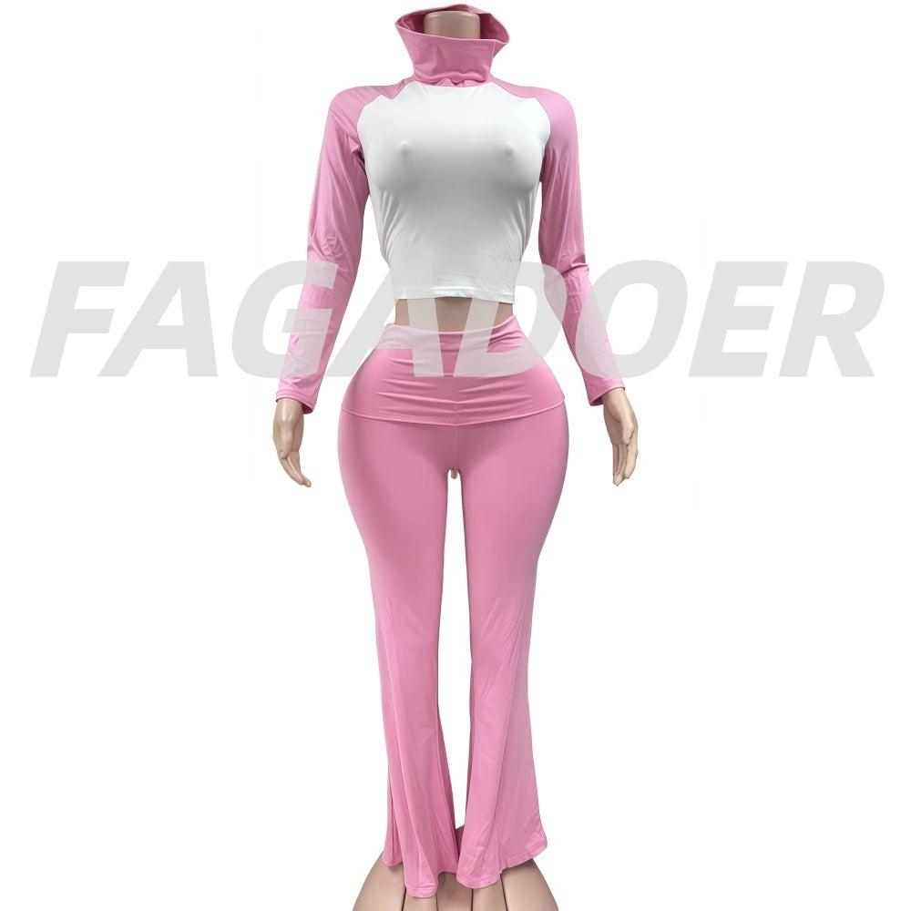 FAGADOER Casual 2 Pieces Set for Woman Long Sleeve Round Neck T-Shirt and High Waist Pants Matching Tracksuits Female Sportswear