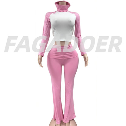 FAGADOER Casual 2 Pieces Set for Woman Long Sleeve Round Neck T-Shirt and High Waist Pants Matching Tracksuits Female Sportswear