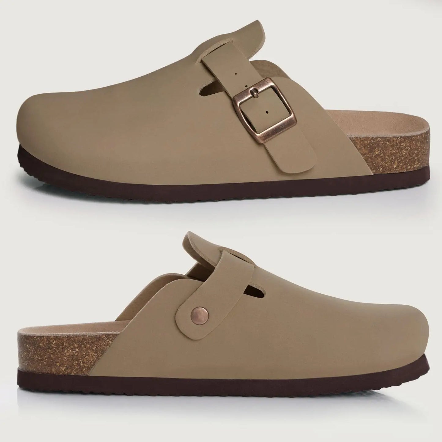Comwarm Fashion Men Leather Sandals Summer Cork Footbed Slide Sandals Beach Sandals Unisex Brand Sandals with Adjustable Buckle