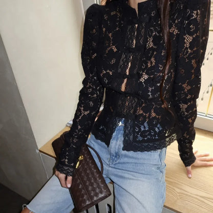 White Lace Printed Shirts Tops Women Full Sleeve Hollow Out Single Breasted Patchwork Blouse 2026 Lady Fashion Shrug Shirts New