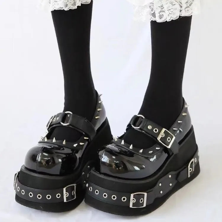 Gothic Rivet Muffin 10 CM Platform Mary Jane Shoes Punk Spice Girl Pu Leather Dark Shoes Women Y2K Subculture Lolita Shoes 35-42