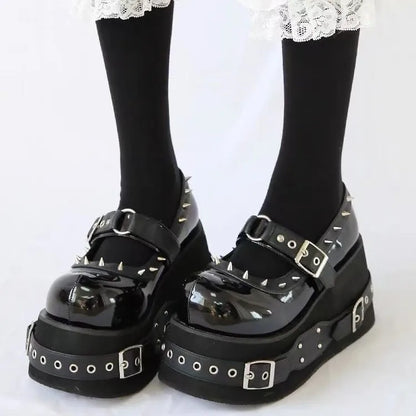 Gothic Rivet Muffin 10 CM Platform Mary Jane Shoes Punk Spice Girl Pu Leather Dark Shoes Women Y2K Subculture Lolita Shoes 35-42