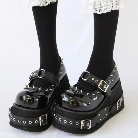 Gothic Rivet Muffin 10 CM Platform Mary Jane Shoes Punk Spice Girl Pu Leather Dark Shoes Women Y2K Subculture Lolita Shoes 35-42