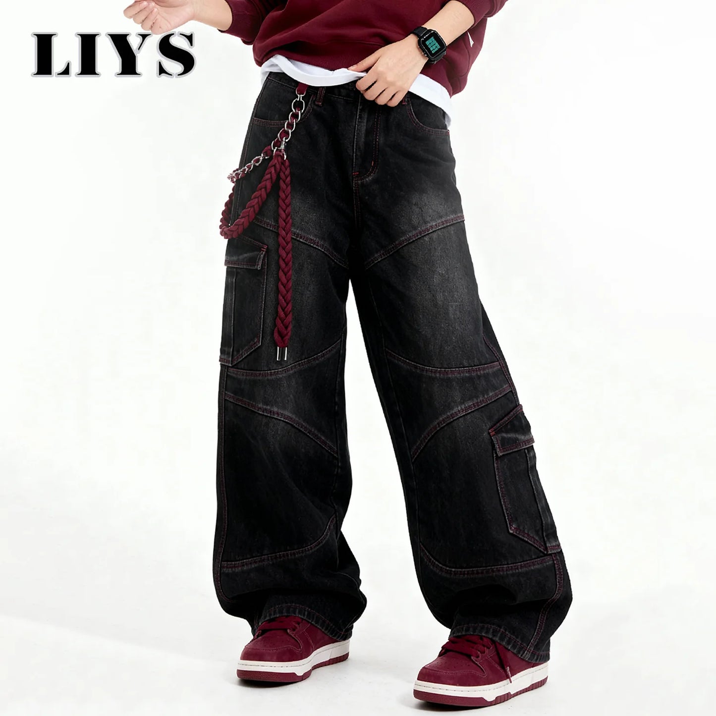 Men's American Street Retro Deconstruction Loose Wide Leg Jeans Unisex Baggy Men's Clothes Multi Pocket Skateboard Pants Jeans