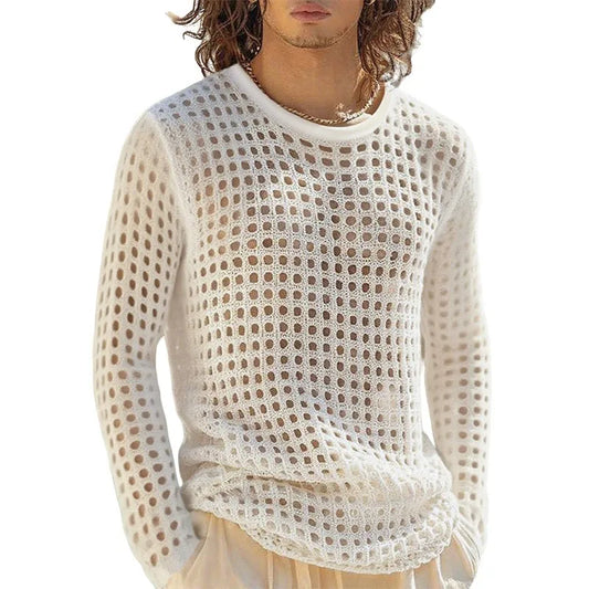 New American Hollow Out Men T-shirt Trendy Sexy Mesh Solid Color Long Sleeve Tees  Transparent Stage Clothing Fitness Tops S-3XL