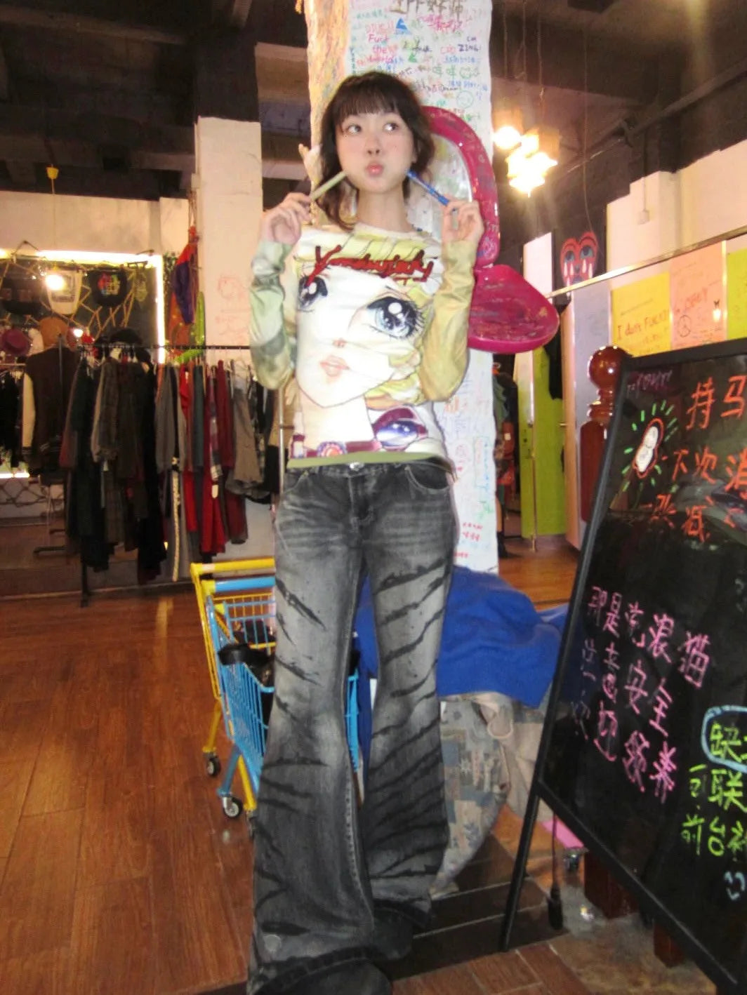 Karrram Japanese Y2k Anime Print T-shirt 2000s Aesthetics Long Sleeve Tee Shirt Vintage Harajuku Slim Tops Kawaii Lolita T Shirt