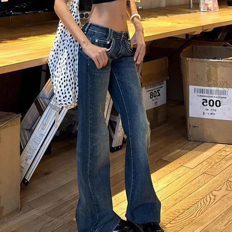 Women's Vintage High Street Low-Waisted Jeans 2025 New All-Match Wide Leg Y2K Denim Trousers Female Sexy Slim Fit Flares Pants