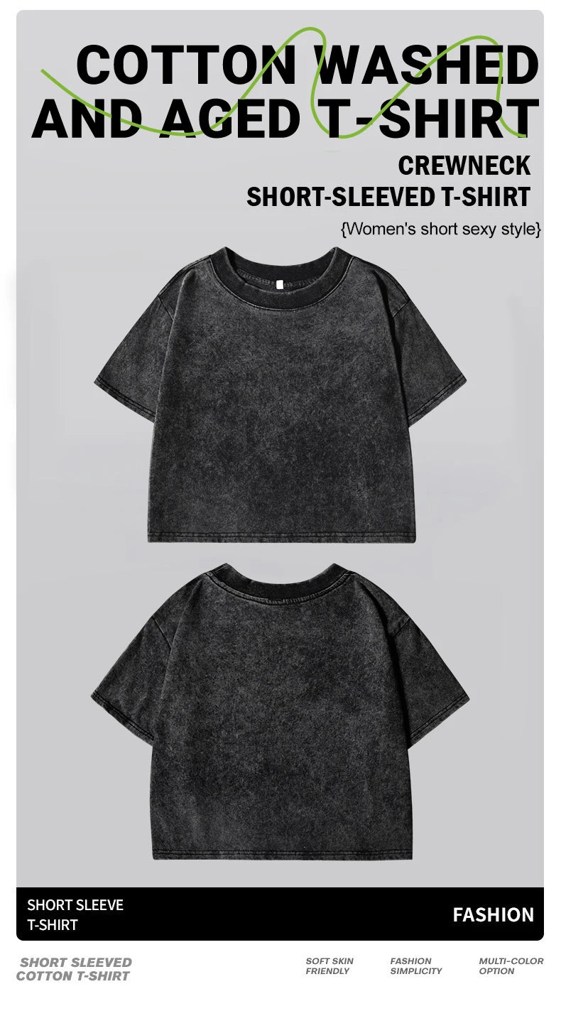 Solid Slim Washed T-Shirt Female Fashion Soft Cotton Streetwear Casual Sport Short Sleeve Cool Retro Crop Clothing For Women