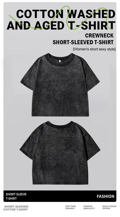 Solid Slim Washed T-Shirt Female Fashion Soft Cotton Streetwear Casual Sport Short Sleeve Cool Retro Crop Clothing For Women