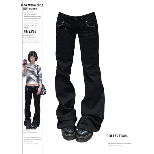 ZHIZOU Women Low Rise Jeans Black Flared Denim Pants Gyaru American Retro Korean Cyber Punk Trumpet Jeans Y2k Skinny Bell Bottom