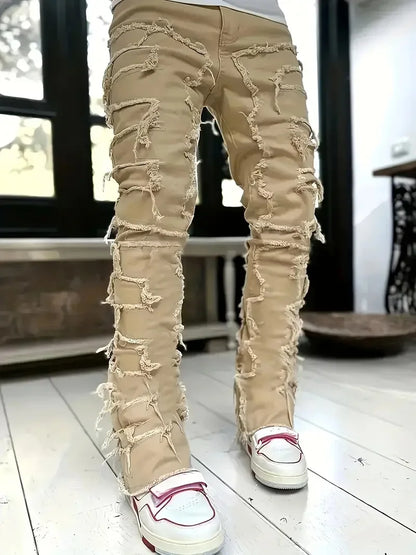 Y2k hip-hop style fringed jeans, men's casual street style stretch jeans