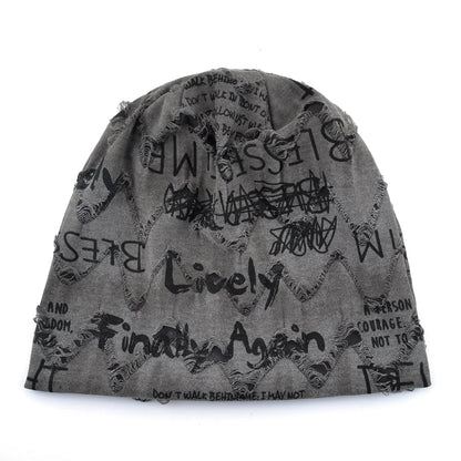 Letter Print Beanie Hats For Women Men Vintage Distressed Cracked Design Wasteland Style Spring Summer Warm Fleece-lined Winter