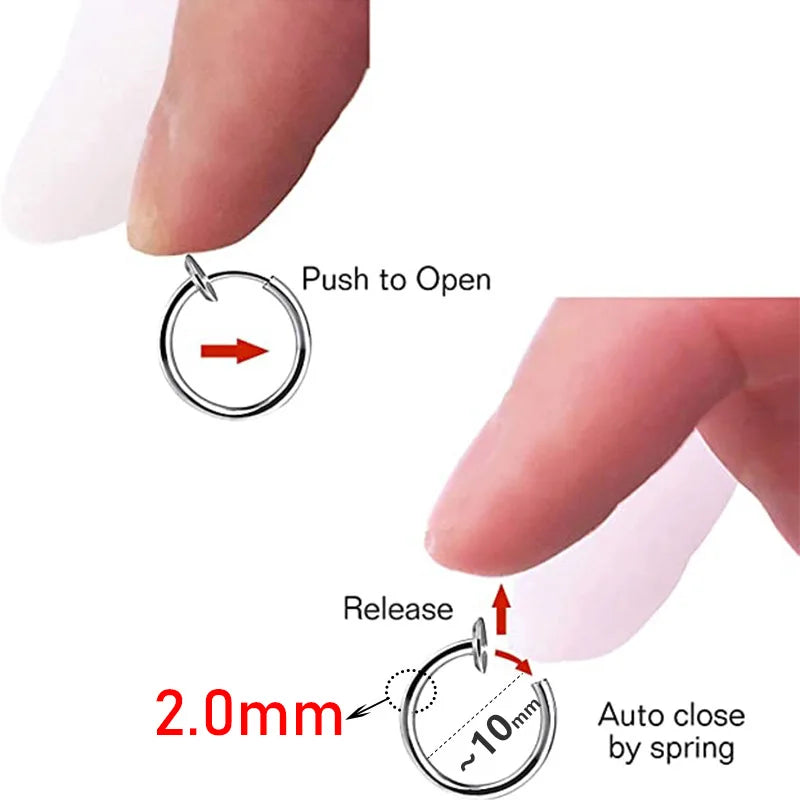 2Pcs Small Hoop Spring Ear Clips Earrings For Women Men Stainless Steel Painless No Piercing Stealth Fake Ear Jewelry 8-16mm