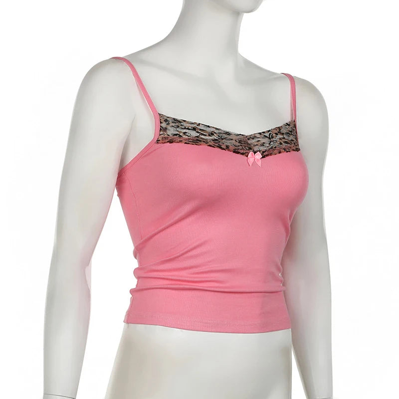 Vintage Leopard Print Stitched Crop Top Women Casual Sleeveless Cute Bow Patchwork Strap Tees y2k Summer Crop Tops Ladies