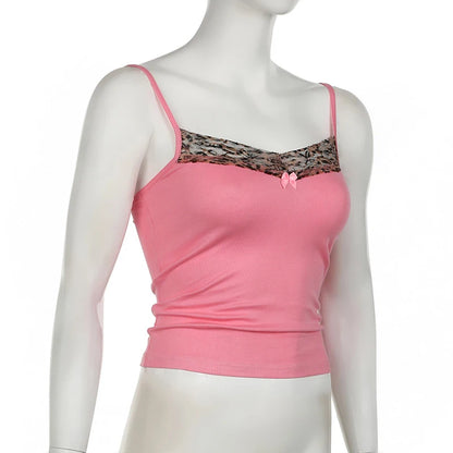 Vintage Leopard Print Stitched Crop Top Women Casual Sleeveless Cute Bow Patchwork Strap Tees y2k Summer Crop Tops Ladies