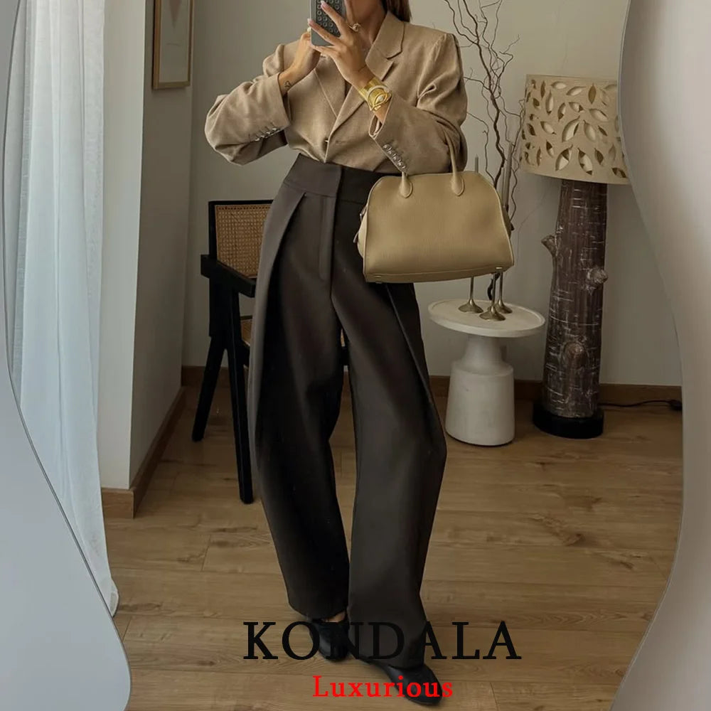 KONDALA Casual Chic Wide Leg Pants Women Office Lady Pockets Pleated Long Trousers Fashion 2026 Spring Summer Streetwear Pants