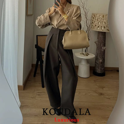KONDALA Casual Chic Wide Leg Pants Women Office Lady Pockets Pleated Long Trousers Fashion 2026 Spring Summer Streetwear Pants
