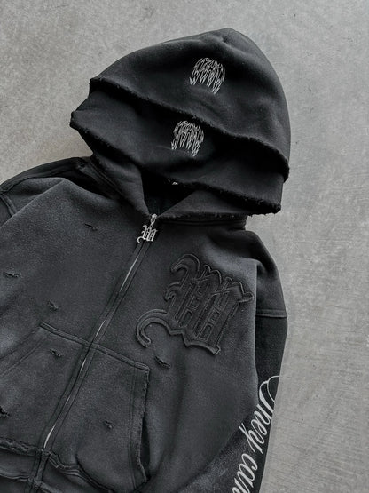 Y2K Harajuku Punk Gothic Loose Hooded Sweatshirt American Embroidered Patch Casual Double Hooded High Street Retro Sports Sui