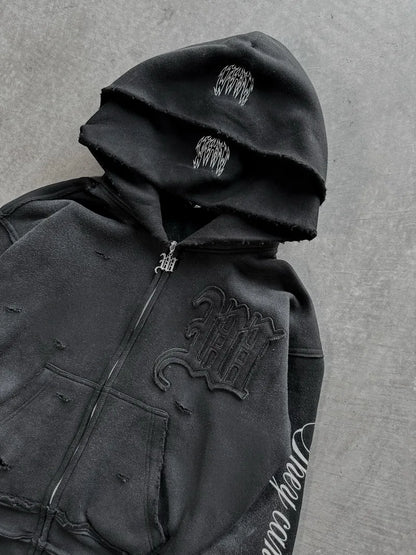 Y2K Harajuku Punk Gothic Loose Hooded Sweatshirt American Embroidered Patch Casual Double Hooded High Street Retro Sports Sui