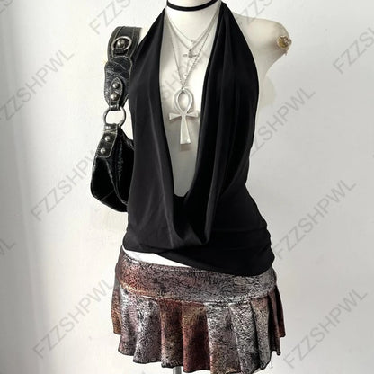 Gothic Y2K Women's Long-Sleeve T-Shirt Sexy Slim Fit Chic Slash Neck Zipper Design Crop Top Rock Punk Hip Hop Women's Streetwear