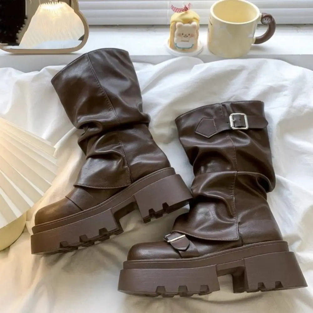 New Design Women Biker Boots Platform Belt Buckle Women's Knee High Booties Harajuku Gladiator Y2K Punk Mid Pipe Booties Girls