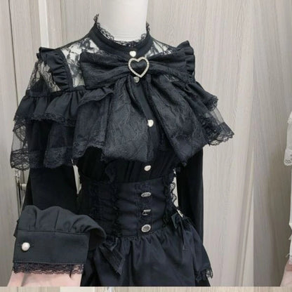 Japanese Kawaii Lolita Lace Patchwork Blouses Summer Women Harajuku Single Breasted Sweet Shirts Cute Girly JK Bow Tops Blusas