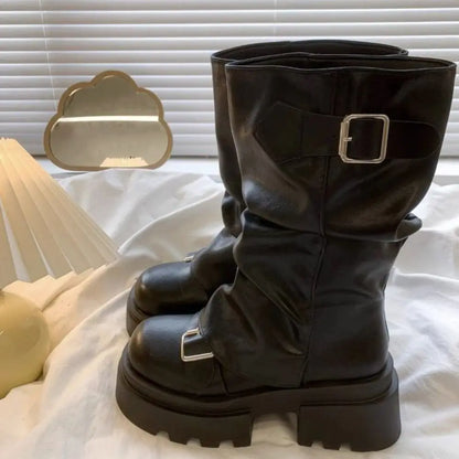 New Design Women Biker Boots Platform Belt Buckle Women's Knee High Booties Harajuku Gladiator Y2K Punk Mid Pipe Booties Girls