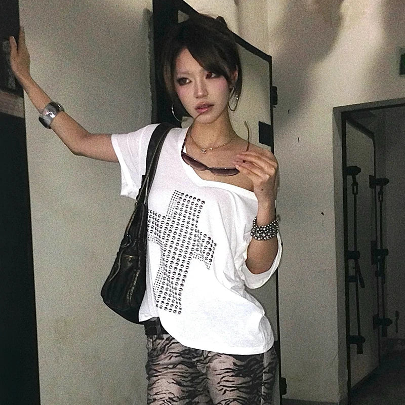 Karrram Japanese Y2k Metal Cross Print T-shirt Trashy 2000s V-neck Sheer Tops Vintage Harajuku Short Sleeve Streetwear Grunge