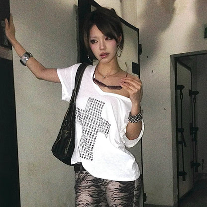 Karrram Japanese Y2k Metal Cross Print T-shirt Trashy 2000s V-neck Sheer Tops Vintage Harajuku Short Sleeve Streetwear Grunge
