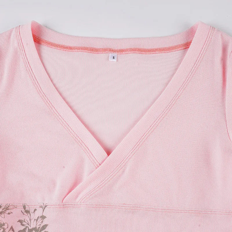 Pink Floral Print Women Fairy Y2K T-shirt Coquette V Neck Long Sleeve Tees Autumn Spring Casual Pullovers Tops Vintage Clothes