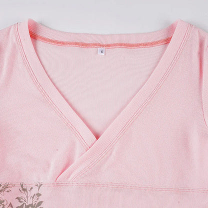 Pink Floral Print Women Fairy Y2K T-shirt Coquette V Neck Long Sleeve Tees Autumn Spring Casual Pullovers Tops Vintage Clothes