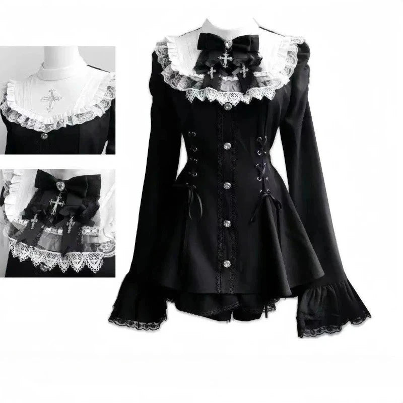 Japanese Style Lolita Sweet Dress Set 2026 New Vintage Plaid Cute Bow Short Sleeved Tops Jk Casual Y2k Shorts Girls Kawaii Set