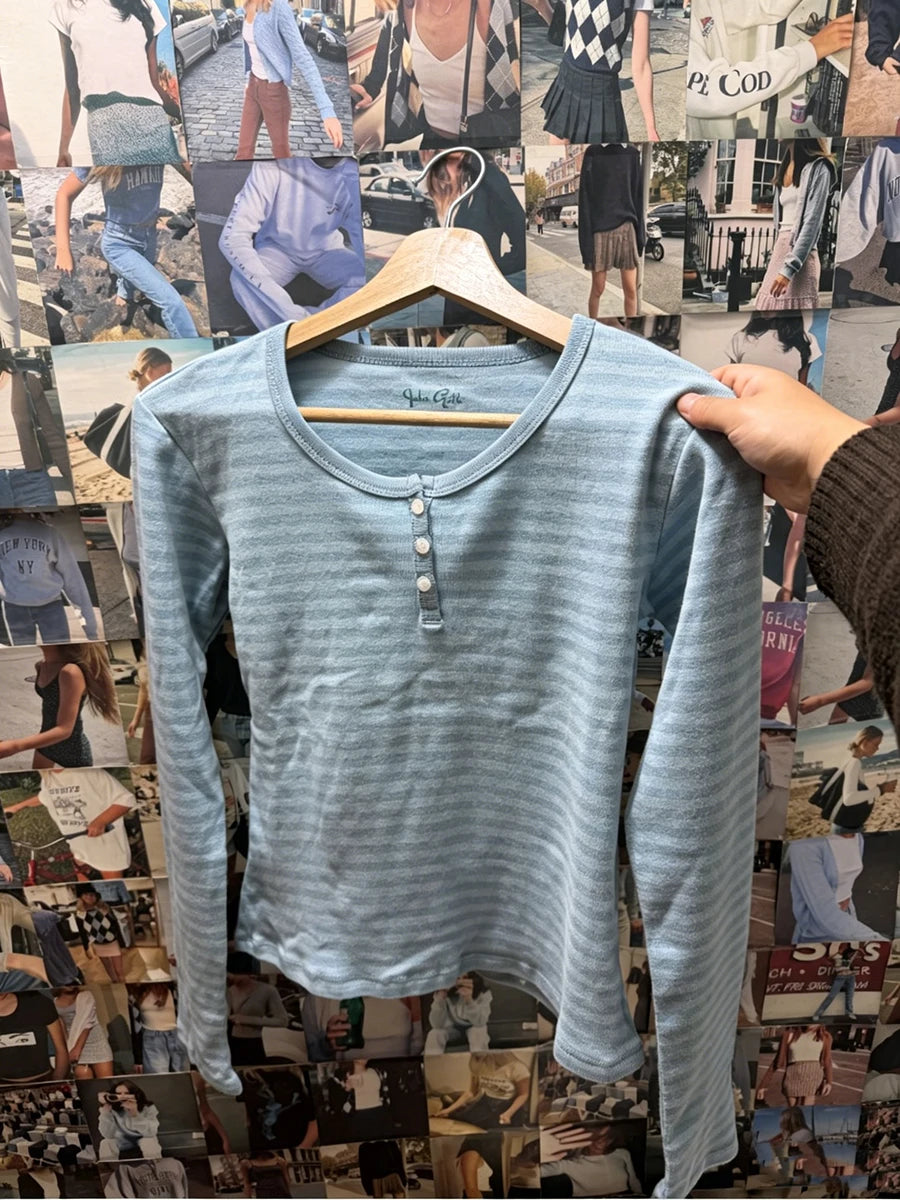 Pink Striped Slim Long Sleeve Tees Women Spring Casual Cotton O-neck Tshirt New Tops Clothes Sweet Cute  Vintage T-shirts Y2K