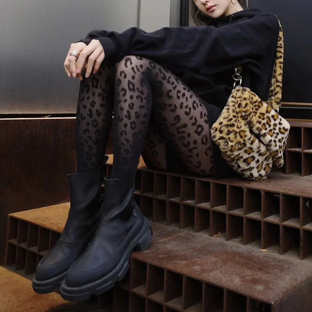 Women Sexy Thin Transparent Silky Pantyhose Gothic Black Sexy Vintage Leopard Animal Pattern Sheer Tights Seamless Stockings