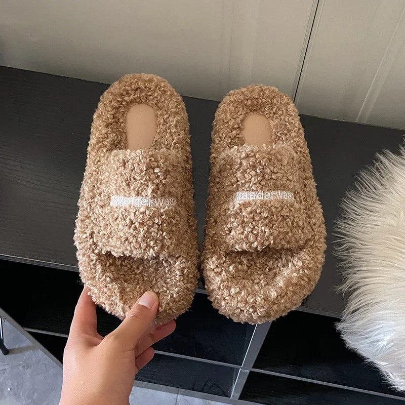 Thick Soled Plush Slippers for Autumn and Winter Versatile and Cute Fashionable and Small Waist Cotton Slippers for Home Use