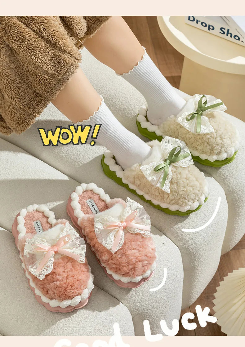 2026 New Women's Plush Slippers - Bow Detail Winter House Shoes, Ultra-Soft Non-Slip Indoor Slippers for Home&Maternity Comfort